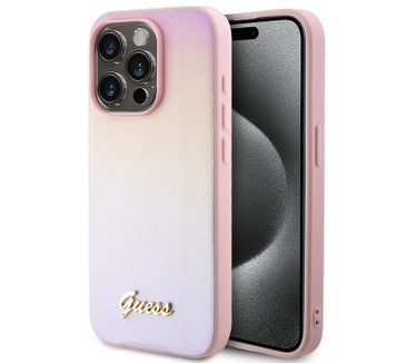 Guess Iridescent Metal Script Back Case iPhone 15 Pro Max - Roze Roze