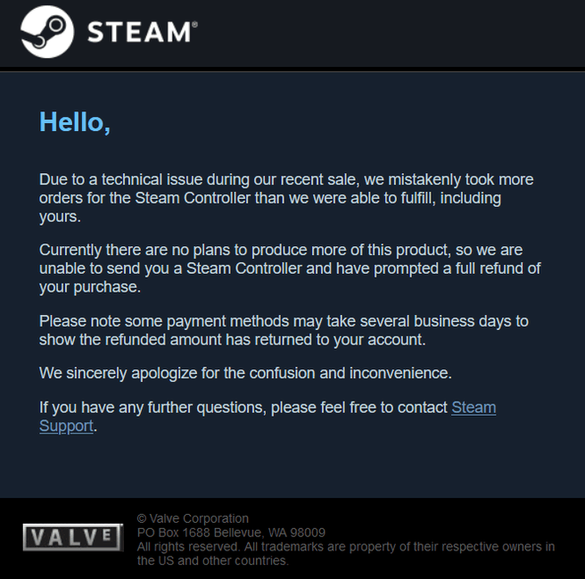 Steam Controller order canceled