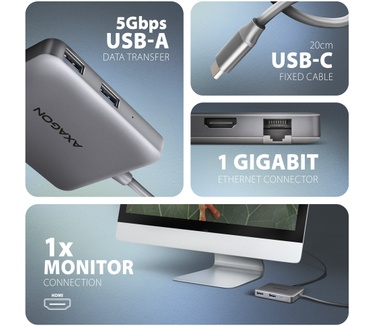 Axagon N HMC-5HL USB 5Gbps hub 2x USB-A HDMI 4k/60Hz RJ-45 GLAN PD 100W kabel USB-C