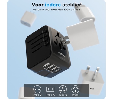 Voomy Universele Wereldstekker - 170+ Landen - 4 USB Poorten - Reisstekker Wereld - Zwart