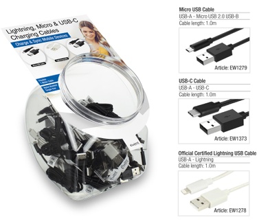 Ewent EW1371 Toonbankdisplay met 10 Apple Lightning kabels, 10 USB-C kabels en 10 micro USB kabels
