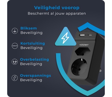 Voomy Verdeelstekker - 1 USB-C & 1 USB-A Poort - 2 stopcontacten - 4000W - Zwart