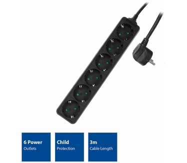 ACT AC2460 Stekkerdoos 6x, kabellengte 3m Zwart