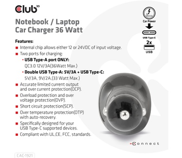 Club 3D Notebook / Laptop Car Charger 36 Watt