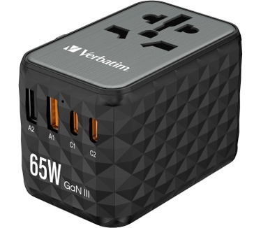 Verbatim GaN III universele reisadapter UTA-05 Met 2 x USB-C PD & QC 4+ & 2 x USB-A poorten