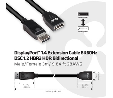 Club 3D DisplayPort 1.4 Extension Cable 8K60Hz DSC 1.2 HBR3 HDR Bidirectional M/F 3m/9.84ft
