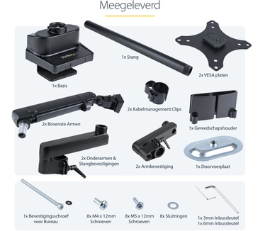 Startech.com Dubbele Monitor Arm voor Bureaumontage, Full Motion Monitorbeugel voor 2x VESA-displays tot 32" (8kg), Verticale Stapelbare Armen, Hoogte verstelbaar/Articulerend - Bureauklem/Doorvoertule