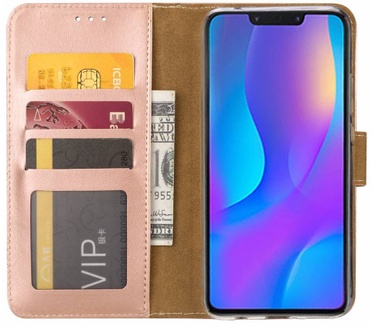 Luxe Lederen Bookcase hoesje voor de Huawei P Smart Plus - Metallic Roze (Huawei P Smart Plus) Rosé Goud