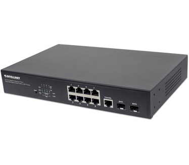 Intellinet 8-Port Gigabit Ethernet PoE+ Web-Managed Switch with 2 SFP Ports, IEEE 802.3at/af Power over Ethernet (PoE+/PoE) Compliant, 140 W, Endspan, Desktop, 19" Rackmount (Euro 2-pin plug)