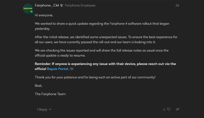 Fairphone 4-update ingetrokken december 2025
