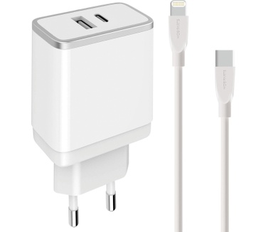 Mobiparts Wall Charger USB-A/USB-C 2.4A + Lightning to USB-C Cable White