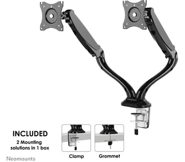Neomounts by Newstar Full Motion Dual Desk Mount (clamp & grommet) for two 10-27" Monitor Screens, Height Adjustable (gas spring) - Black