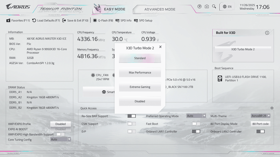 Bij het inschakelen van de X3D Turbo Mode 2.0 krijg je op het Gigabyte-bord de keuze uit drie opties.