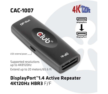 Club 3D CLUB3D CLUB3D DP 1.4 4K120HZ HDR ACTIVE REPEATER F/F Kabel adapter (CAC-1007) Zwart