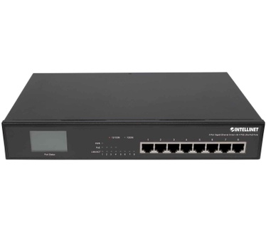 Intellinet 8-Port Gigabit Ethernet Switch with 4 Ultra PoE Ports and LCD Screen, 8 x 10/100/1000 ports, 4 x IEEE 802.3bt Power over Ethernet (Ultra PoE) Ports, LCD Display, 140 W, Desktop, 19" Rackmount (Euro 2-pin plug)