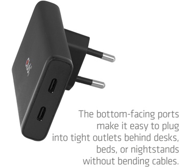 Club 3D Slanke oplader met twee USB-C®-poorten, 65 W, GaN, PD 3.1, PPS