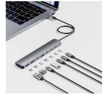 Manhattan USB-C dock/hub, poorten (7): USB-A (3×) en USB-C (4×), met Power Delivery (PD) 100 W - vereist een externe USB-C-lader (niet inbegrepen). USB-gevoed (geen externe voeding vereist) wanneer PD niet wordt gebruikt, aluminium