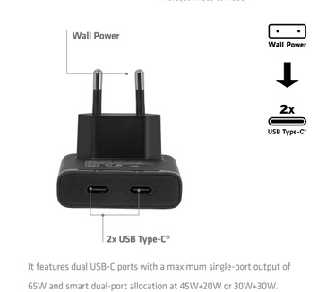 Club 3D Slanke oplader met twee USB-C®-poorten, 65 W, GaN, PD 3.1, PPS