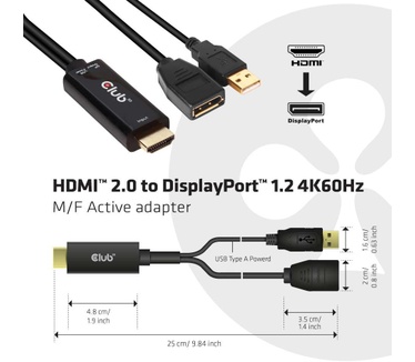 Club 3D CLUB3D CLUB3D HDMI 2.0 TO DISPLAYPORT 1.2 4K60HZ HDR M/F ACTIVE ADAPTER Kabel adapter (CAC-1331) Zwart