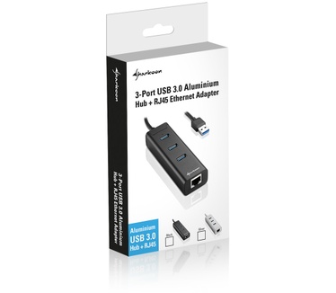 Sharkoon 3-Poort USB 3.0 Hub + RJ45 Ethernet Adapter zwart