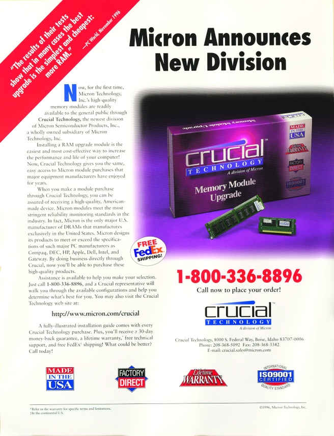 Een magazine-advertentie waarin Micron de komst van zijn consumentendivisie Crucial aankondigde