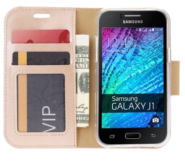 Luxe Lederen Bookcase hoesje voor de Samsung Galaxy J1 - Goud (Samsung Galaxy J1) Goud