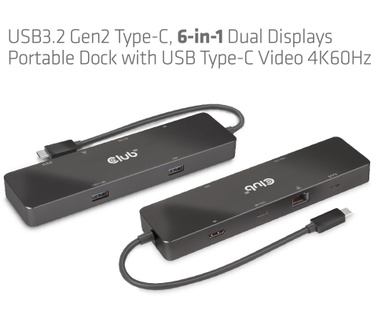 Club 3D USB3.2 Gen2 Type-C, 6-in-1 Dual Displays Portable Dock with USB Type-C Video 4K60Hz