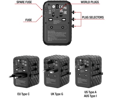 Verbatim GaN III universele reisadapter UTA-05 Met 2 x USB-C PD & QC 4+ & 2 x USB-A poorten