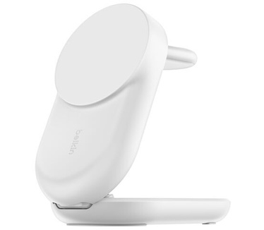 Belkin UltraCharge 3-in-1 magnetische uitklapbare draadloze lader met Qi2 25 W, rond model, Wit