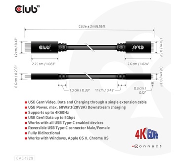 Club 3D USB Gen1 Type-C Extensie kabel 5Gbps 60W(20V/3A) 4K60Hz M/F 2m/6.56ft