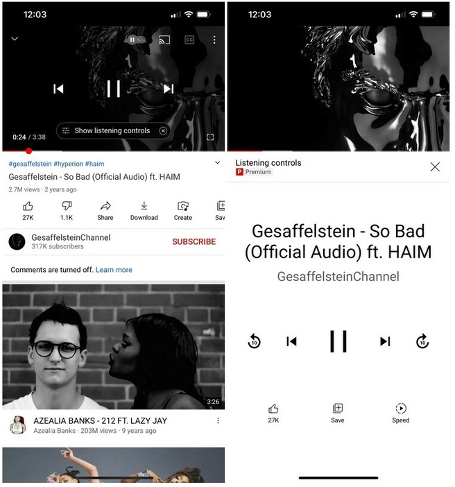 YouTube iOS listening controls