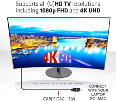 Club 3D HDMI2.0 4K60Hz 360 Graden Rotary Cable 2m 4K60Hz Zwart