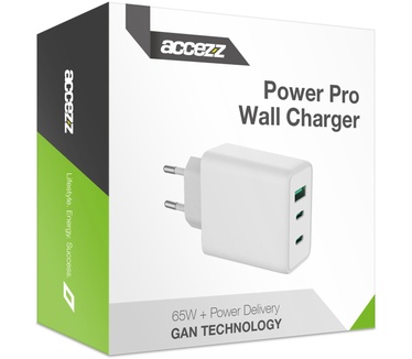 Accezz Power Pro GaN Ultra Fast Wall Charger - Oplader 2x USB-C & USB aansluiting - Snellader - Power Delivery - 65W - Wit