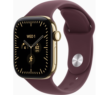 Apple Watch Series 12 GPS + Cellular 42mm Radiant Gold Titanium Case with Burgundy Sport Band - S/M, Zwart (Zwart)