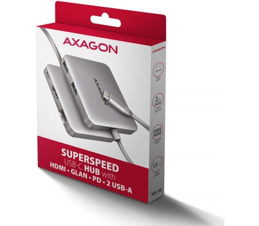 Axagon N HMC-5HL USB 5Gbps hub 2x USB-A HDMI 4k/60Hz RJ-45 GLAN PD 100W kabel USB-C