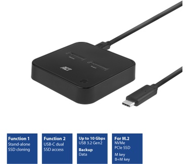 ACT M.2 NVMe/PCIe dual SSD docking clone station Zwart