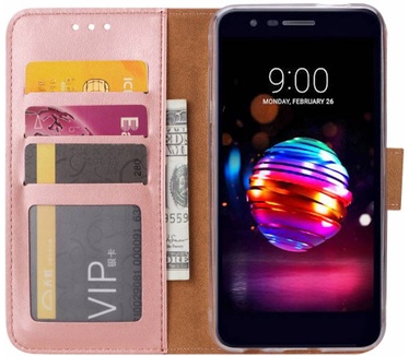 Luxe Lederen Bookcase hoesje voor de LG K10 2018 - Metallic Roze (LG K10 2018) Rosé Goud