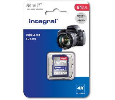 Integral INSDX64G-100V30 64GB SD CARD SDXC UHS-1 U3 CL10 V30 UP TO 100MBS READ 45MBS WRITE