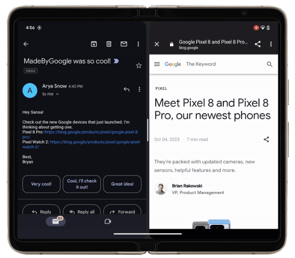 Gmail splitscreen foldables en tablets