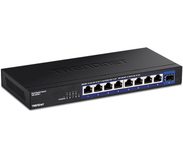 Trendnet 9-poorts onbeheerde 2.5G-switch met 10G SFP+-poort, TEG-S5091, 8 x 2,5 GBASE-T-poorten, 60 Gbps schakelcapaciteit, zonder ventilator, wandmontage, zwart