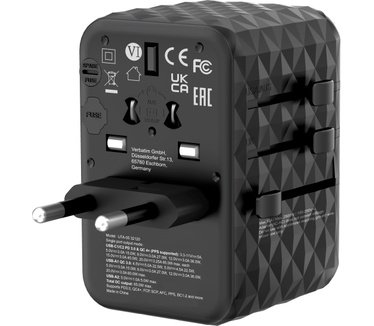 Verbatim GaN III universele reisadapter UTA-05 Met 2 x USB-C PD & QC 4+ & 2 x USB-A poorten