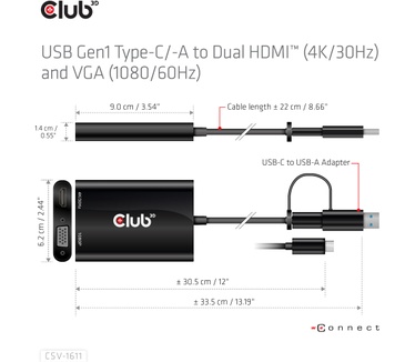 Club 3D USB Gen1 Type-C/-A to Dual HDMI (4K/30Hz) / VGA (1080/60Hz)