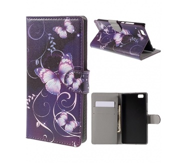 Huawei Ascend P8 Lite Purple Butterfly PU Leather Wallet Case