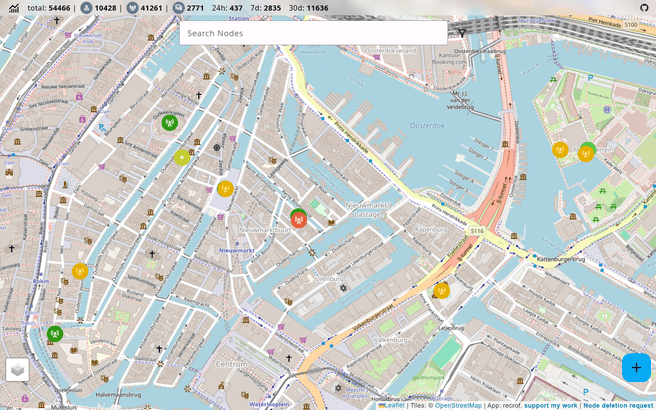 De nodes in en rondom de Nieuwmarktbuurt in Amsterdam. Bron: MeshCore.io