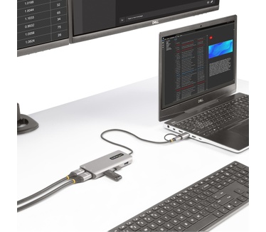 Startech.com USB-C Multiport Adapter met Ingebouwde USB-C naar USB-A Dongle, Dual HDMI (4K30Hz/1080p60Hz), 3x USB-A 5Gbps, Mini Travel Dock, Laptop Docking Station, 40cm Kabel