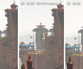 Vergelijking van 6k-beeld met DLSS Performance, 6k-beeld met DLAA en een 4k-beeld met DLAA (geschaald)