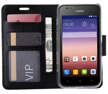 Luxe Lederen Bookcase hoesje voor de Huawei Ascend Y550 - Zwart (Huawei Ascend Y550) Zwart