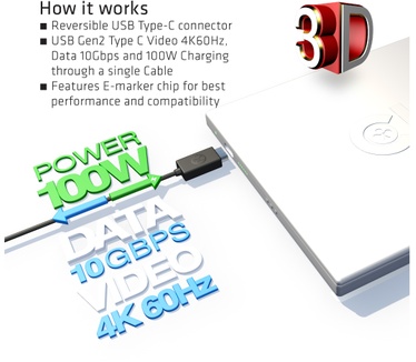 Club 3D USB 3.1 Type C (10Gbps) Kabel 0.8Meter, PowerDelivery 100Watt, Supports 4K60Hz Zwart