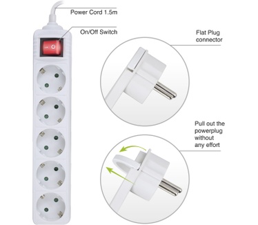 Ewent Power Strip White, with switch and flat plug, 5 plugs 1.5 m, Schuko