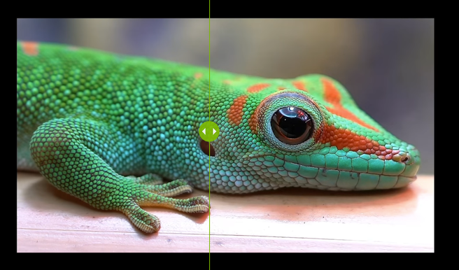 Realtime upscaling van Nvidia, met links 'normale' upscaling en rechts upscaling met AI. Bron: Nvidia